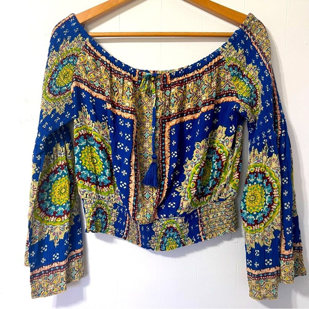 Band of Gypsies Paisley Off Shoulder Bell Sleeve Boho Bohemian Festival Top L